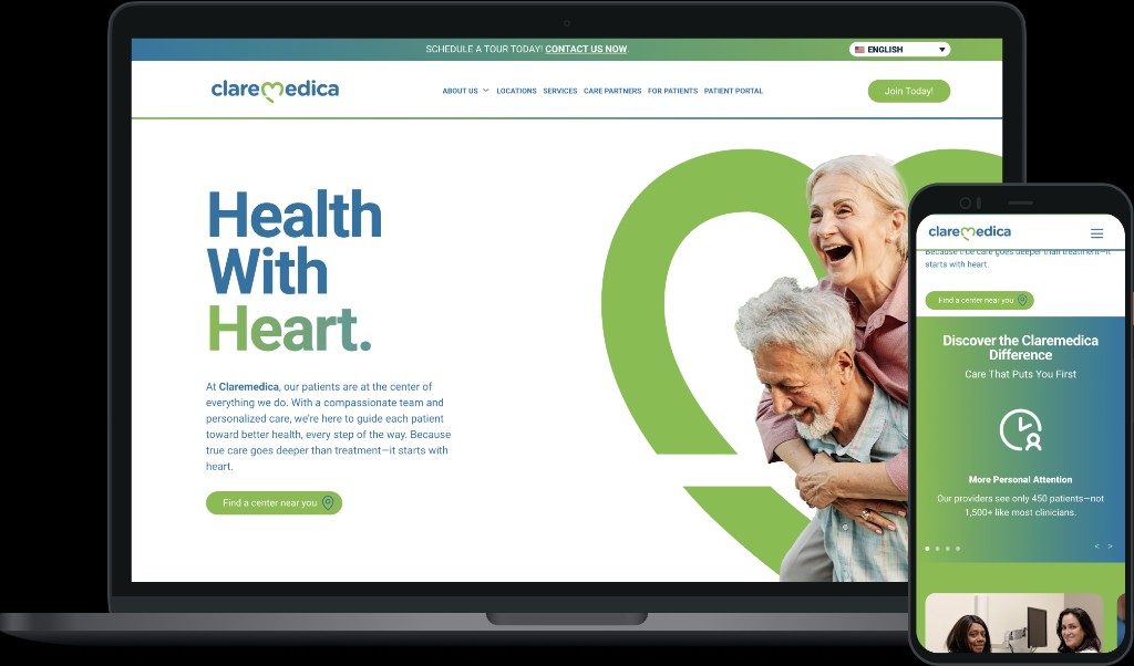 ClareMedica Health Partners website on laptop and mobile. Health With Heart homepage