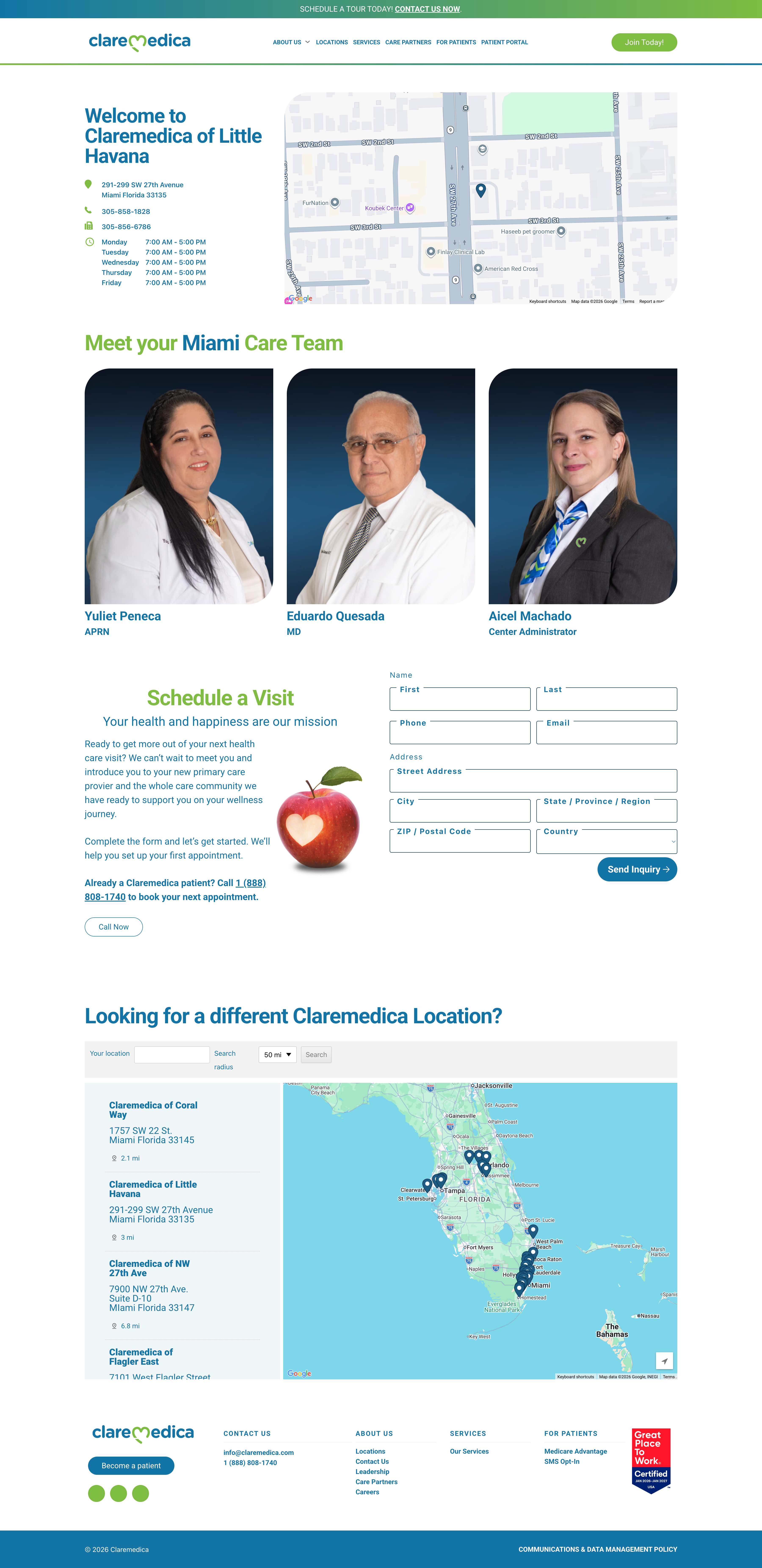 ClareMedica of Little Havana: location page with care team, scheduling, and contact form