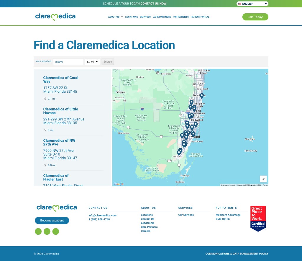ClareMedica location finder: search, map, and clinic listings across South Florida