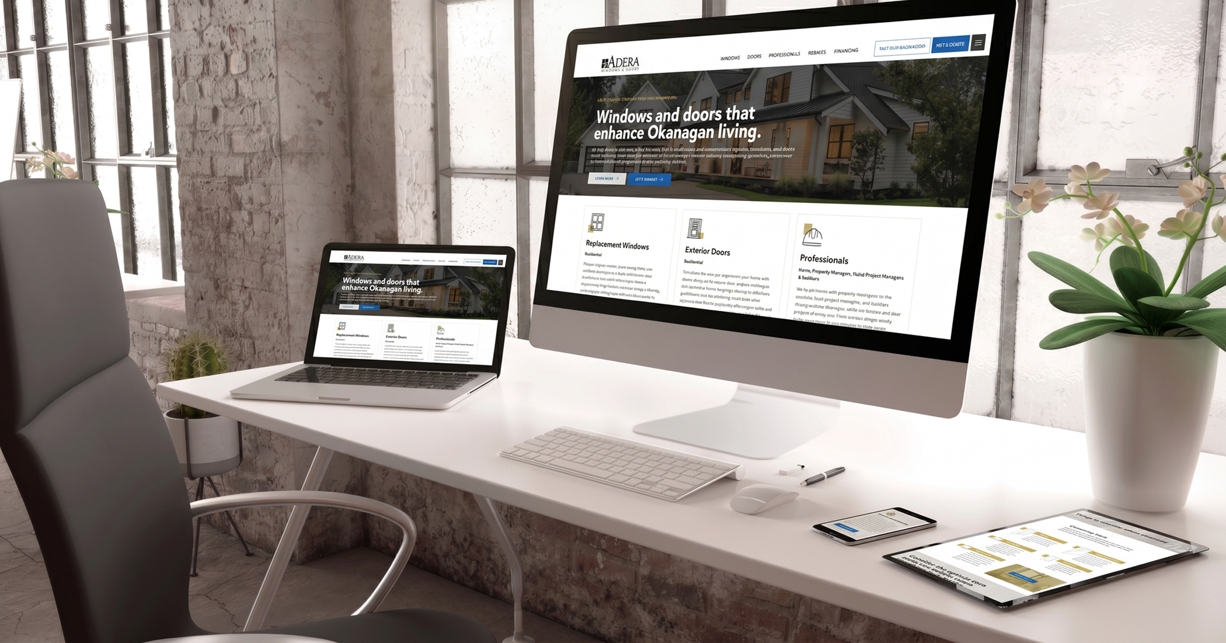 Adera Windows & Doors website on a desktop, laptop, and tablet in a bright studio