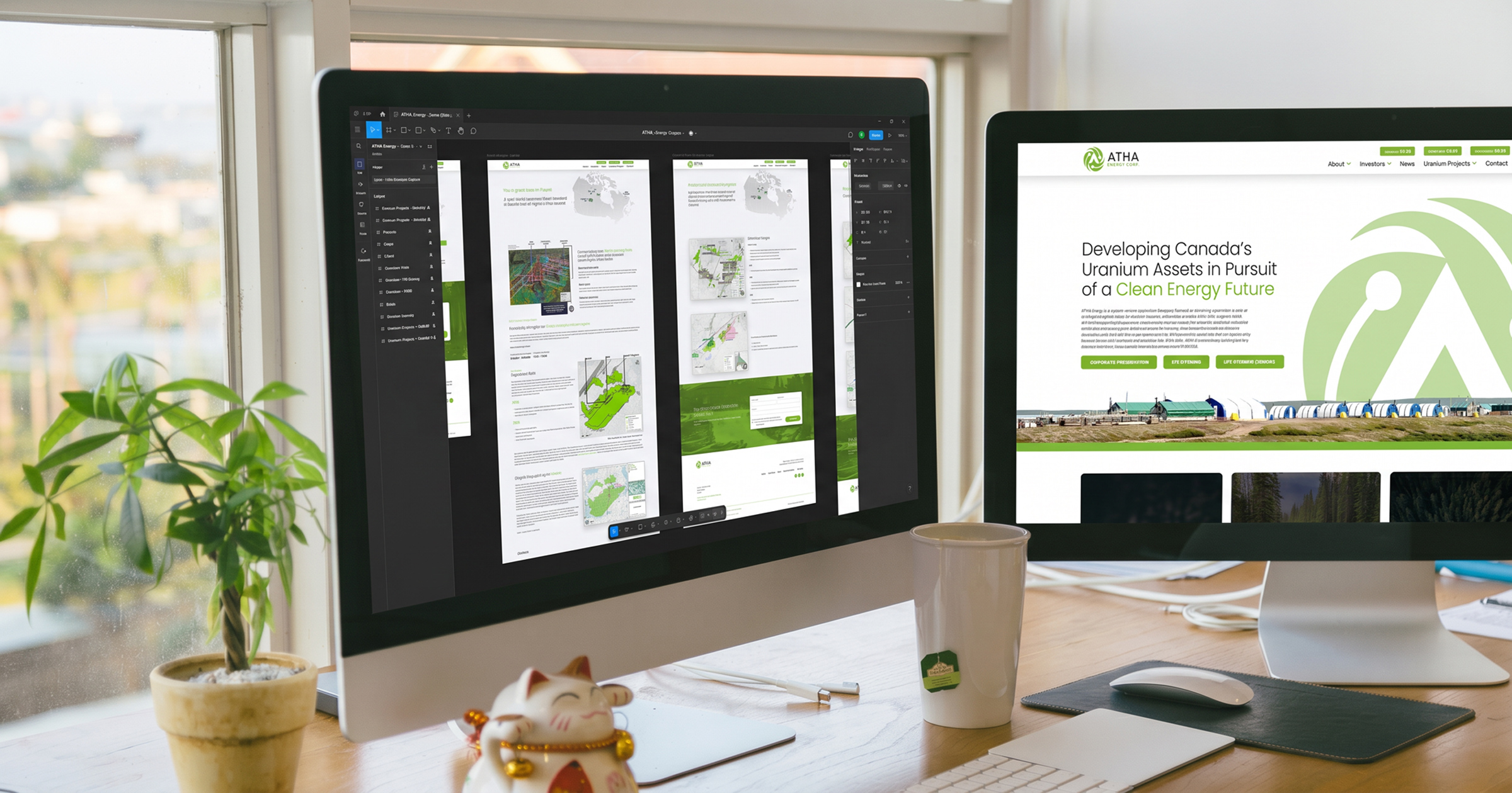ATHA Energy Corp. website homepage on a desktop monitor beside the design workspace