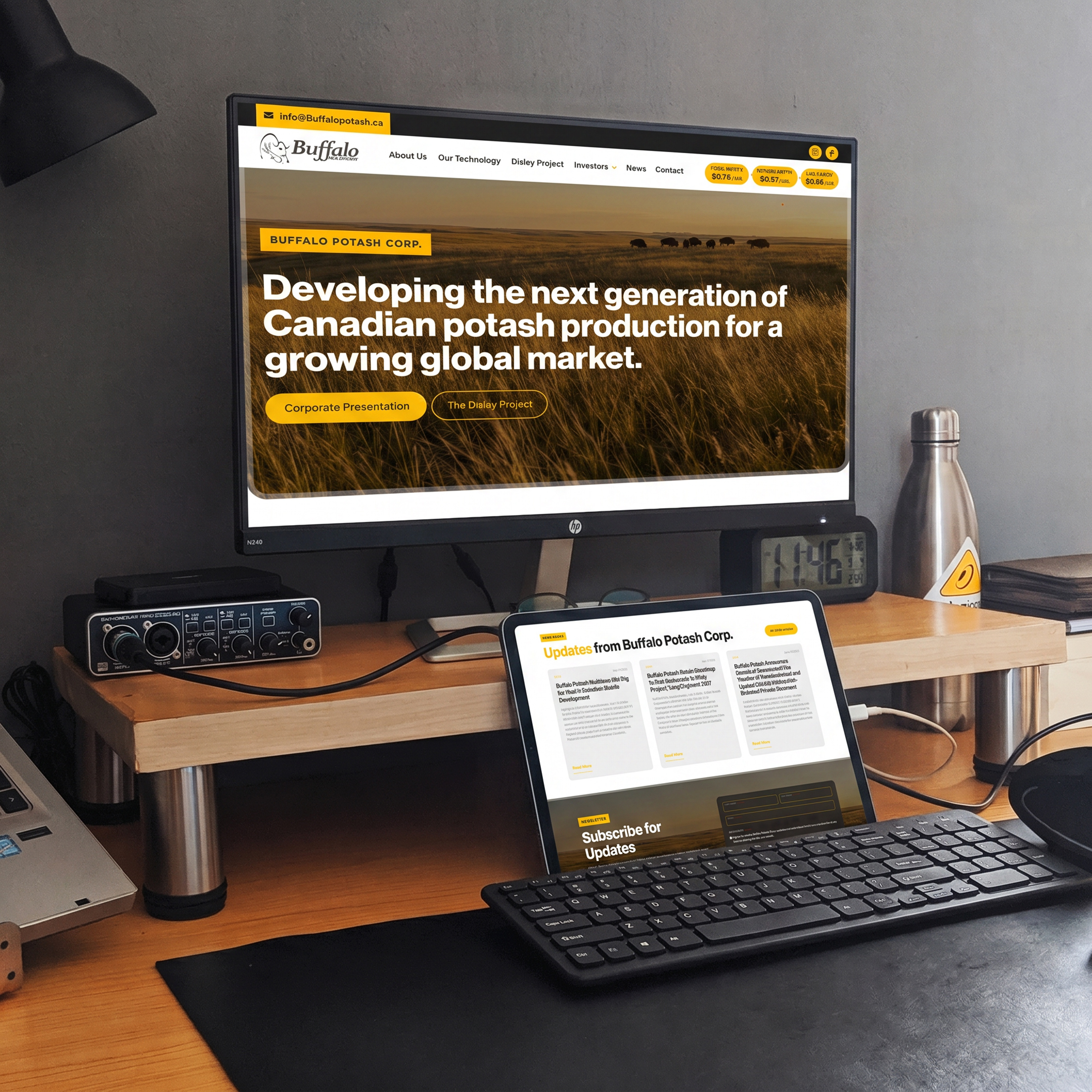 Buffalo Potash Corp. website homepage on a desktop monitor and tablet on a wooden desk