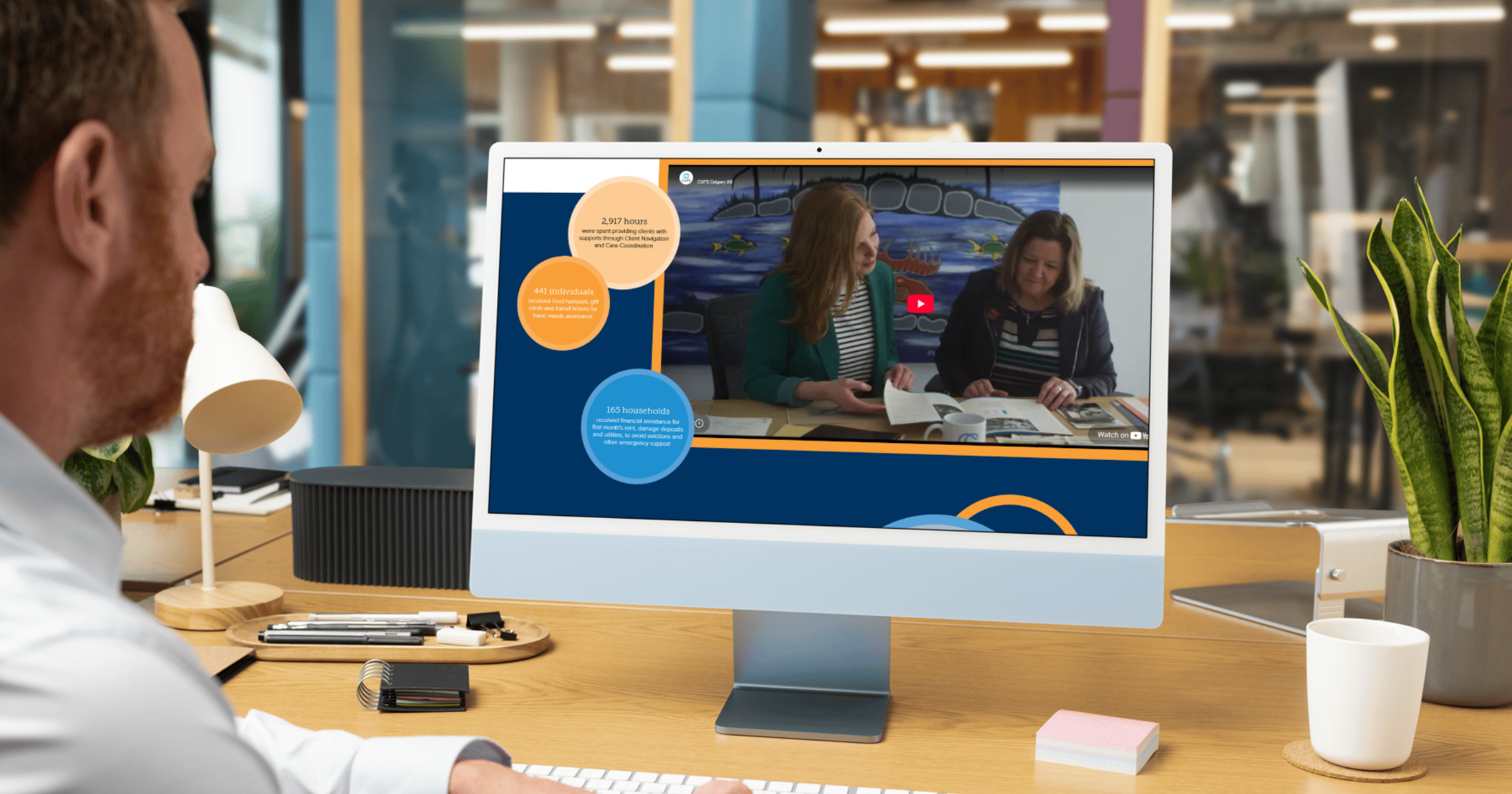 CUPS Making an Impact digital annual report on an iMac, with animated data bubbles and story video