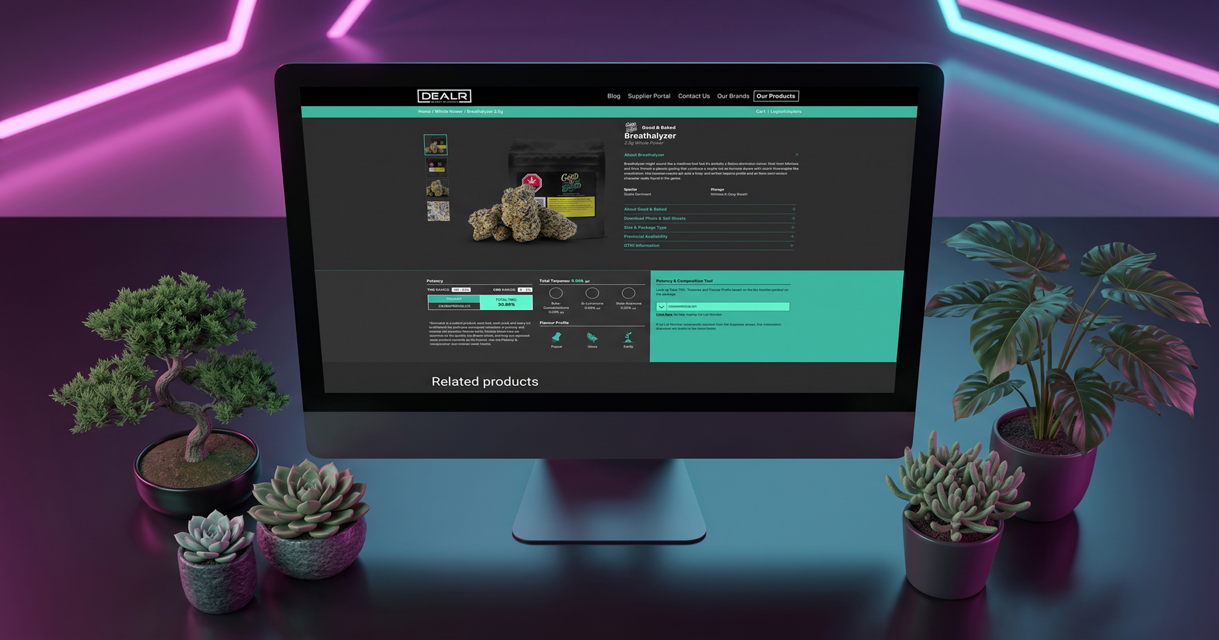 DEALR cannabis platform product page on a desktop monitor with a synthwave backdrop