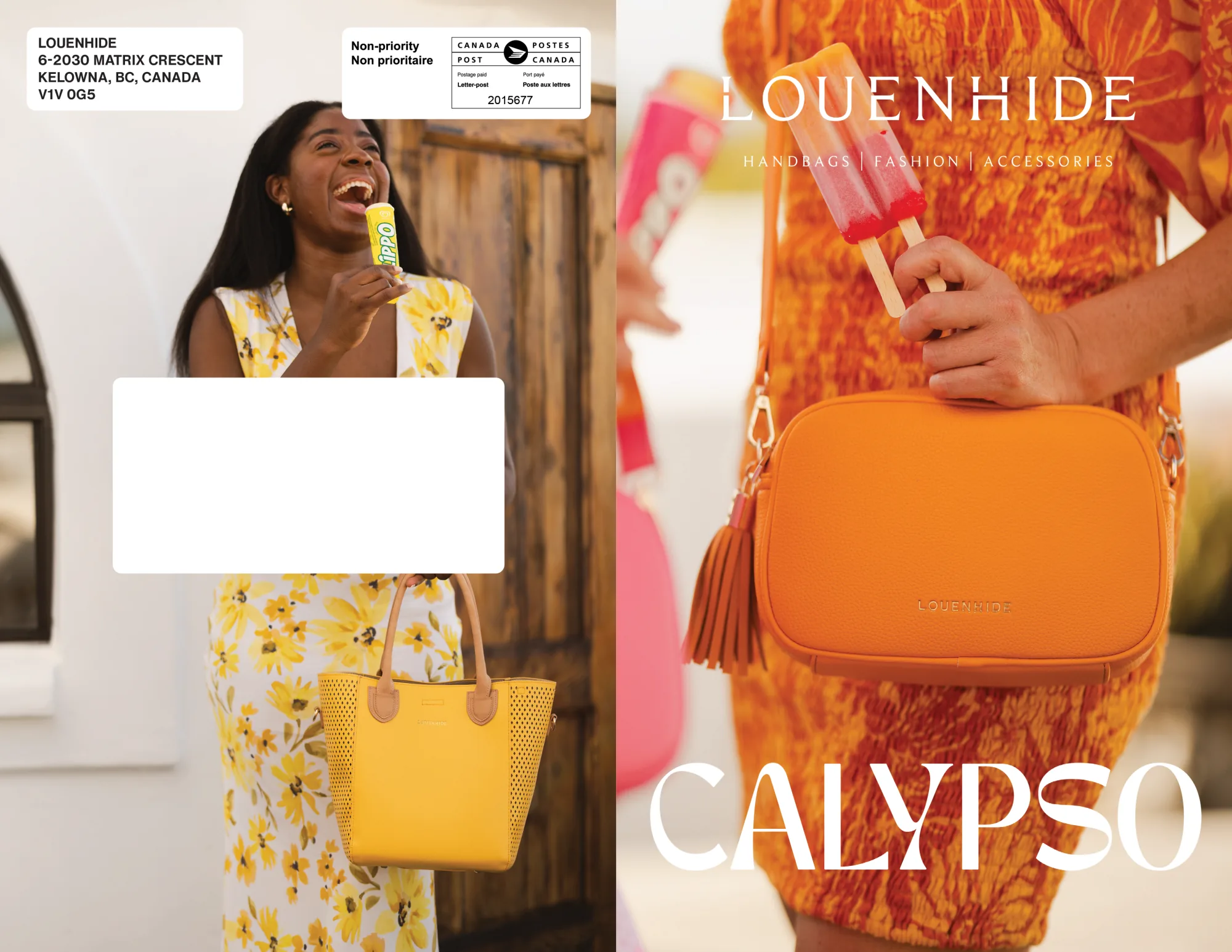 Louenhide Calypso collection bifold mailer: front and back