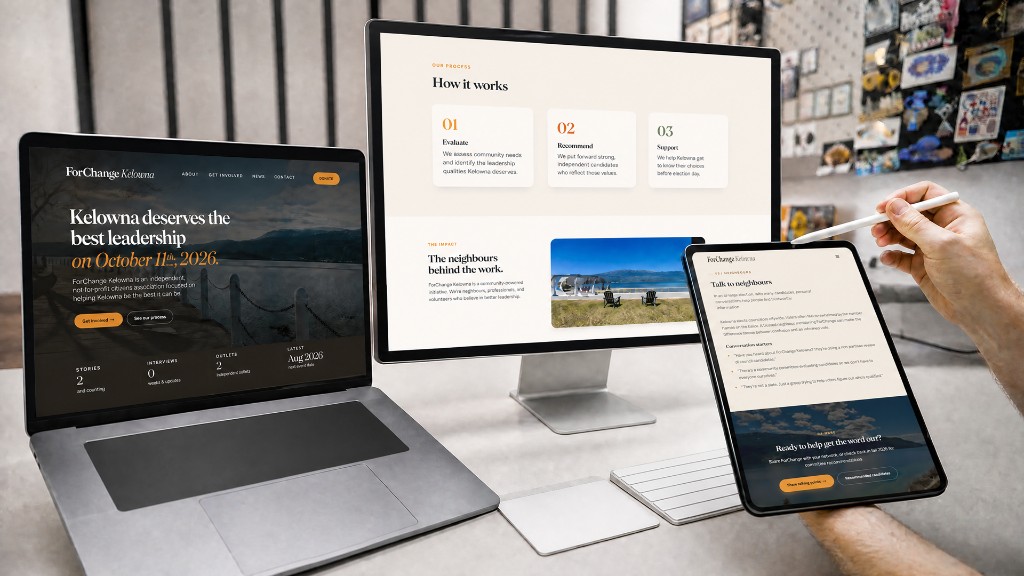 ForChange Kelowna website on a laptop, desktop monitor, and tablet in a bright studio